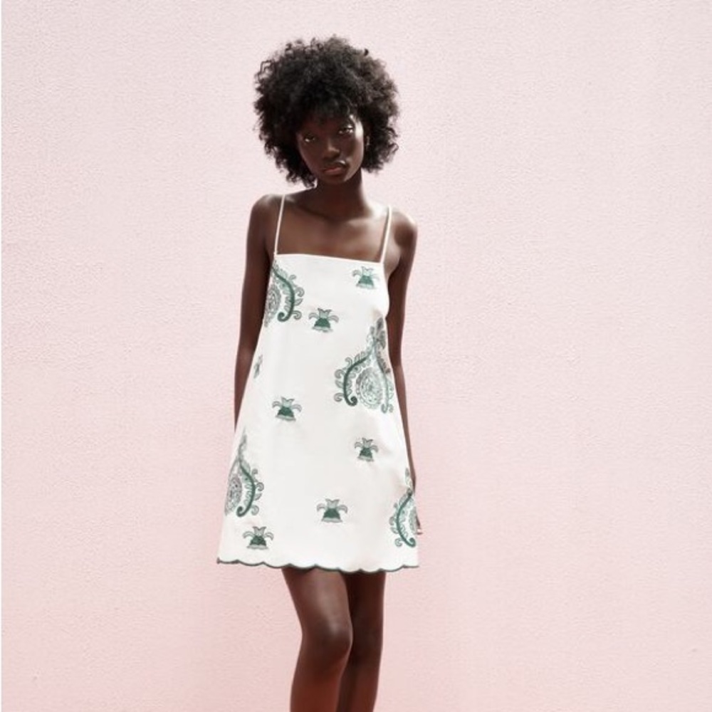 Zara White Mini Dress with Green Paisley Print